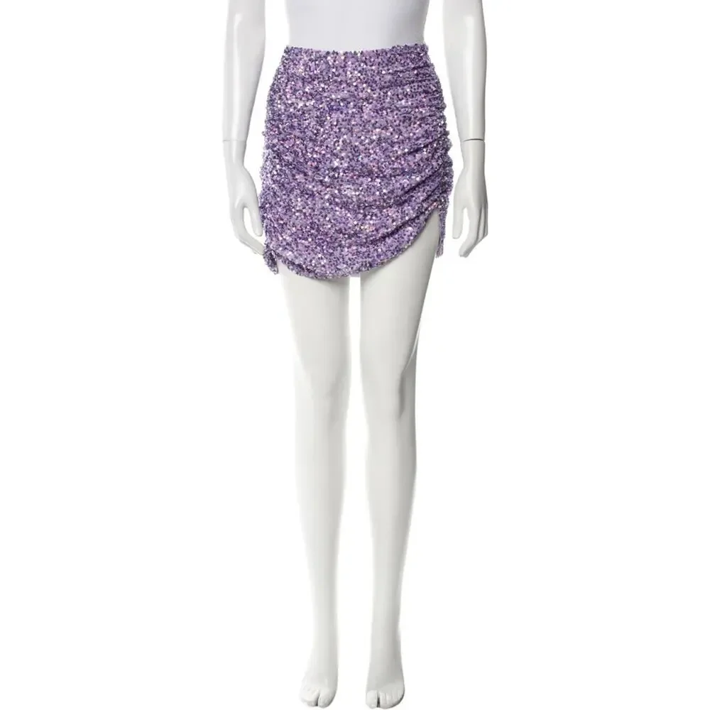 Retrofete Celestia Purple Sequin Embellished Ruched Mini Skirt Size Medium